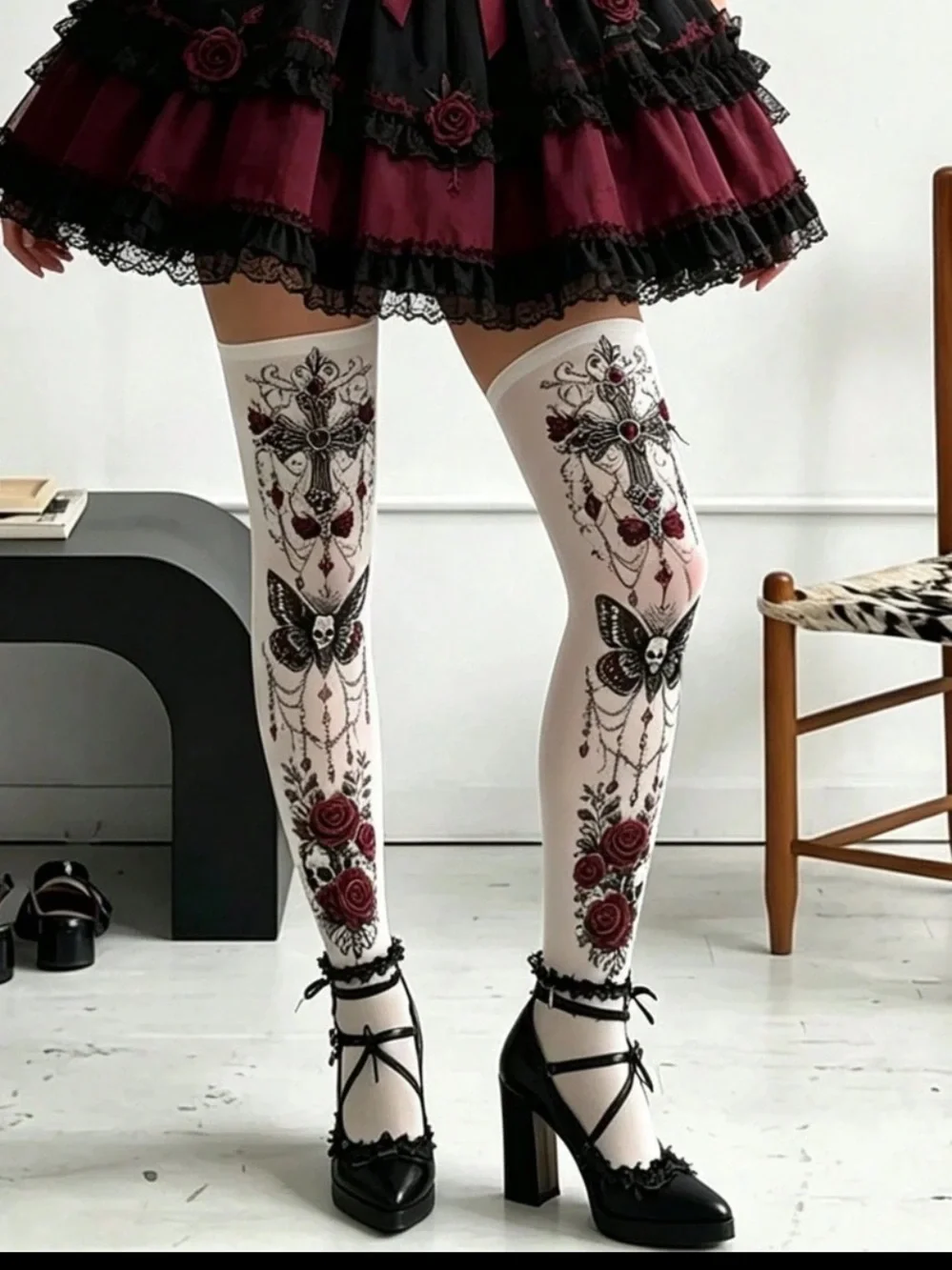 White Floral Embroidered Thigh-High Socks with Burgundy Accents